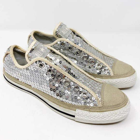 CONVERSE | Silver Sequin Laceless Sneakers - Picture 2 of 13